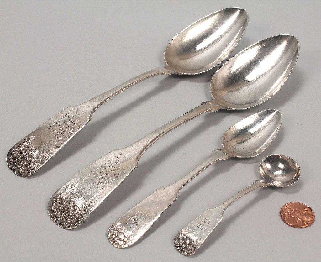 Lot 45: 4 Ga. Coin Silver spoons, Basket of Flowers patter