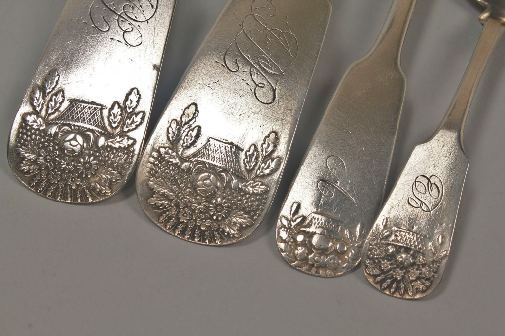 Lot 45: 4 Ga. Coin Silver spoons, Basket of Flowers patter