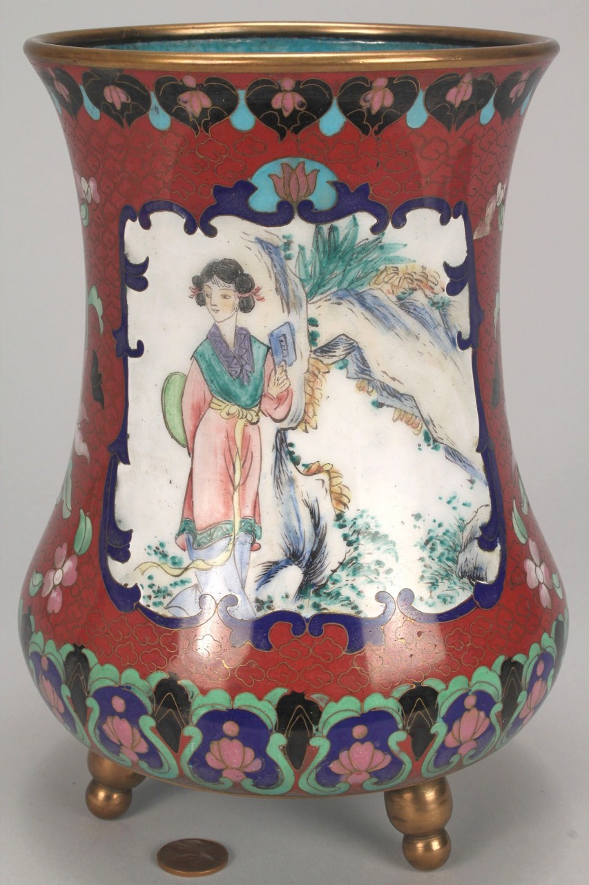 Lot 531: Chinese Cloisonne Footed Vase w/ 2 Vignettes