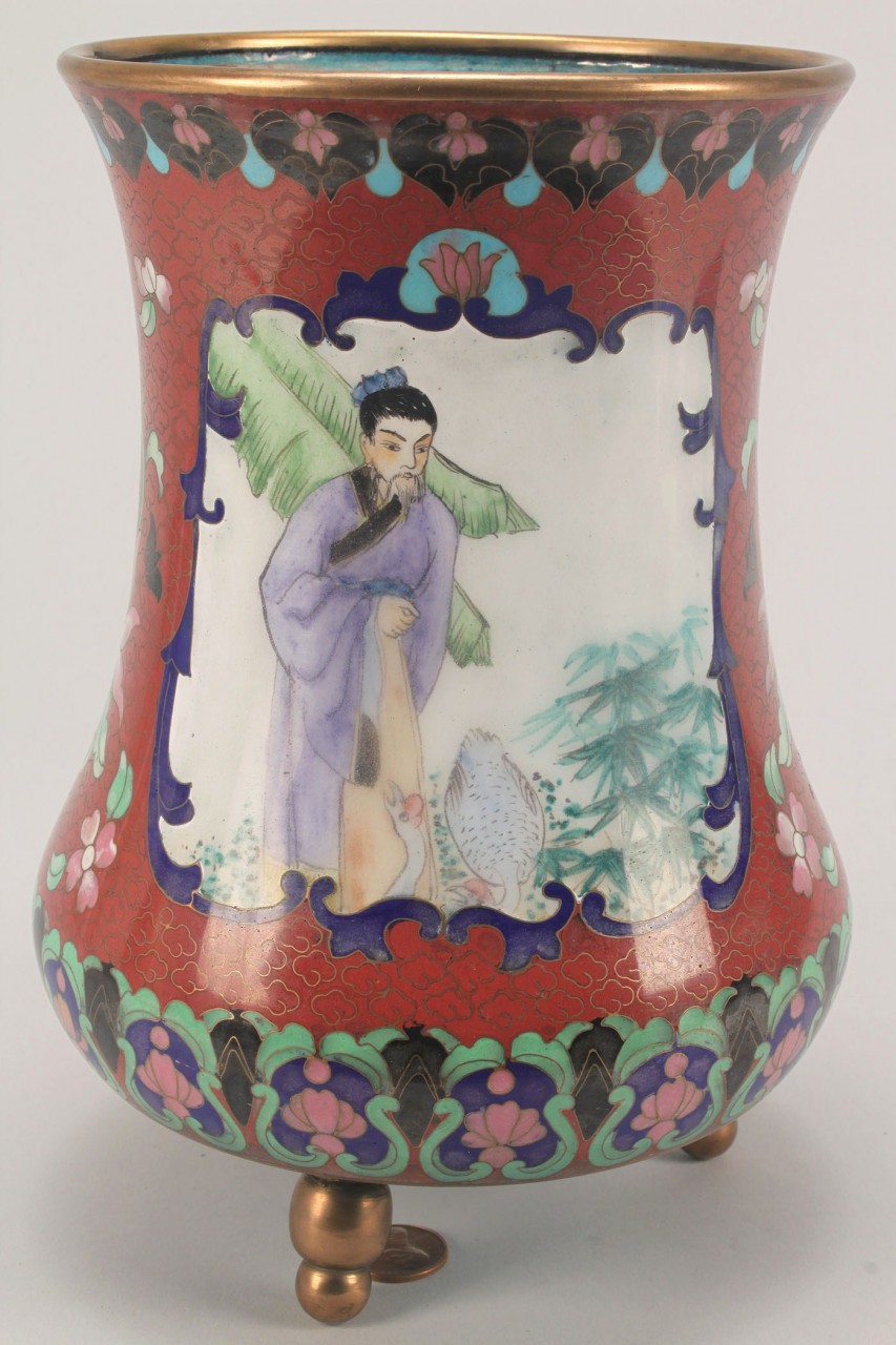Lot 531: Chinese Cloisonne Footed Vase w/ 2 Vignettes