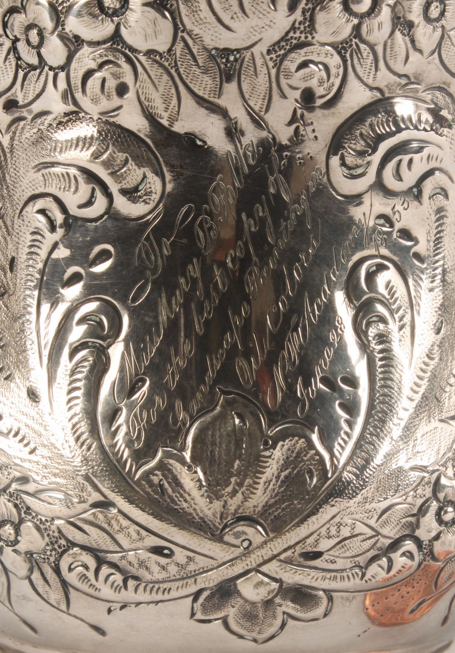 Lot 55: Coin silver cup, Nash. Female Academy to Mary Polk