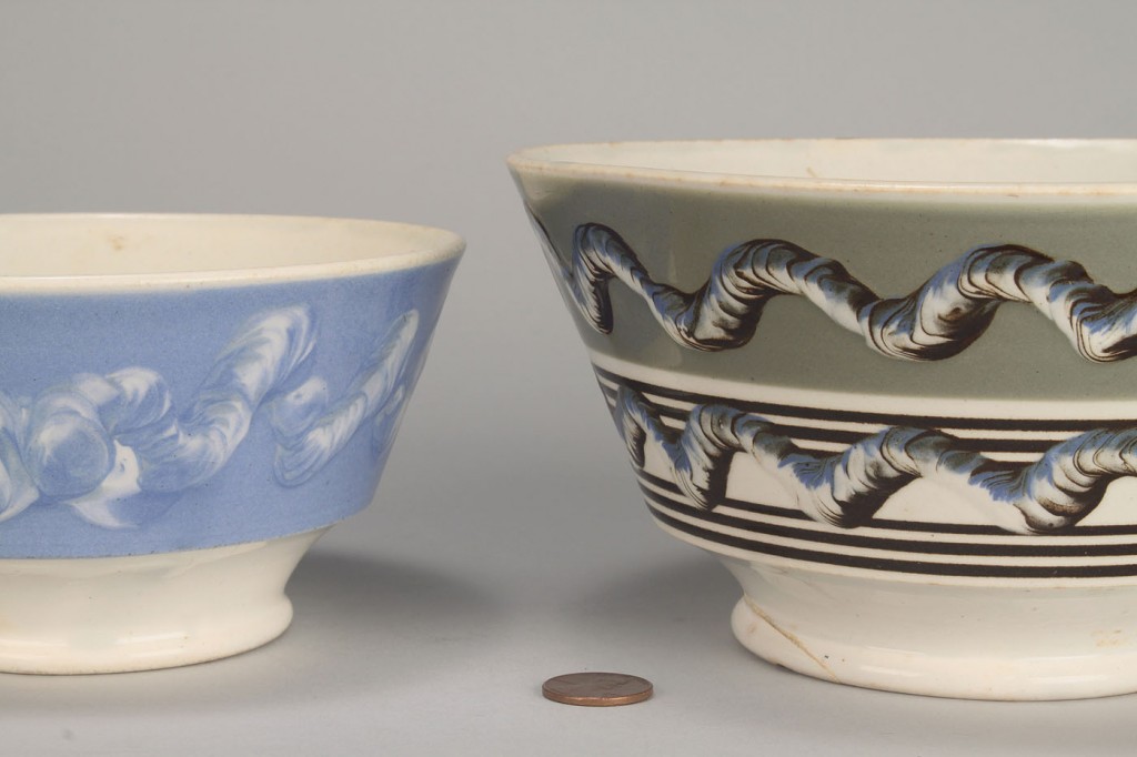 Lot 574: Two Mocha Ware Bowls with earthworm design, 19th c