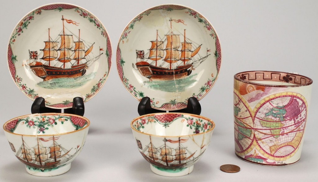 Lot 577: Pair tea bowls with ship decoration and map mug