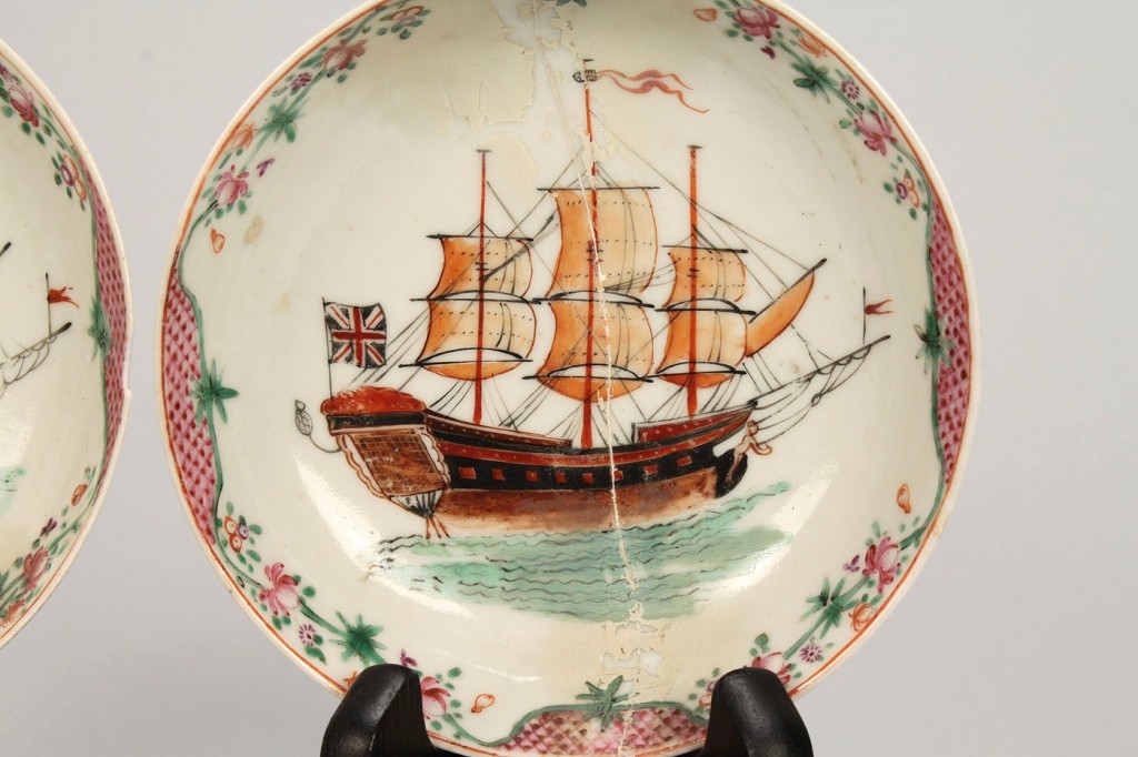 Lot 577: Pair tea bowls with ship decoration and map mug