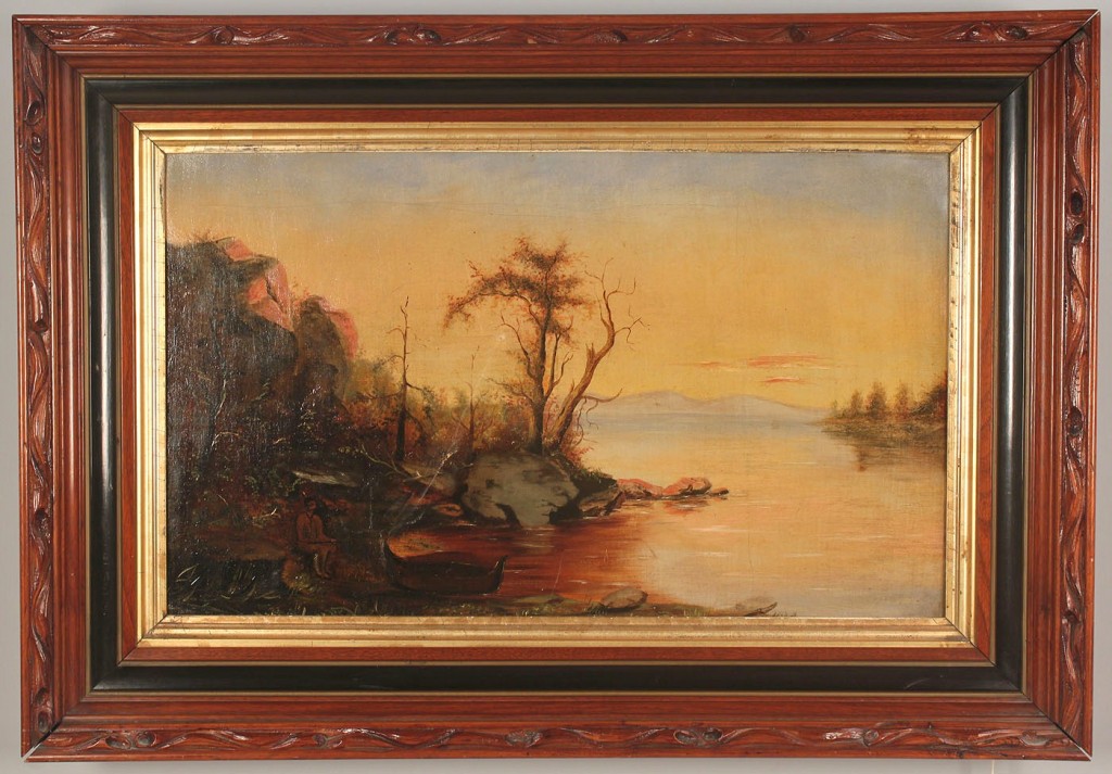Lot 624: American school landscape with Indian, oil on canv