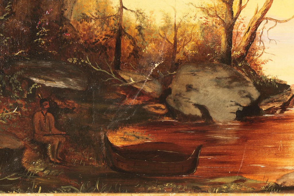 Lot 624: American school landscape with Indian, oil on canv