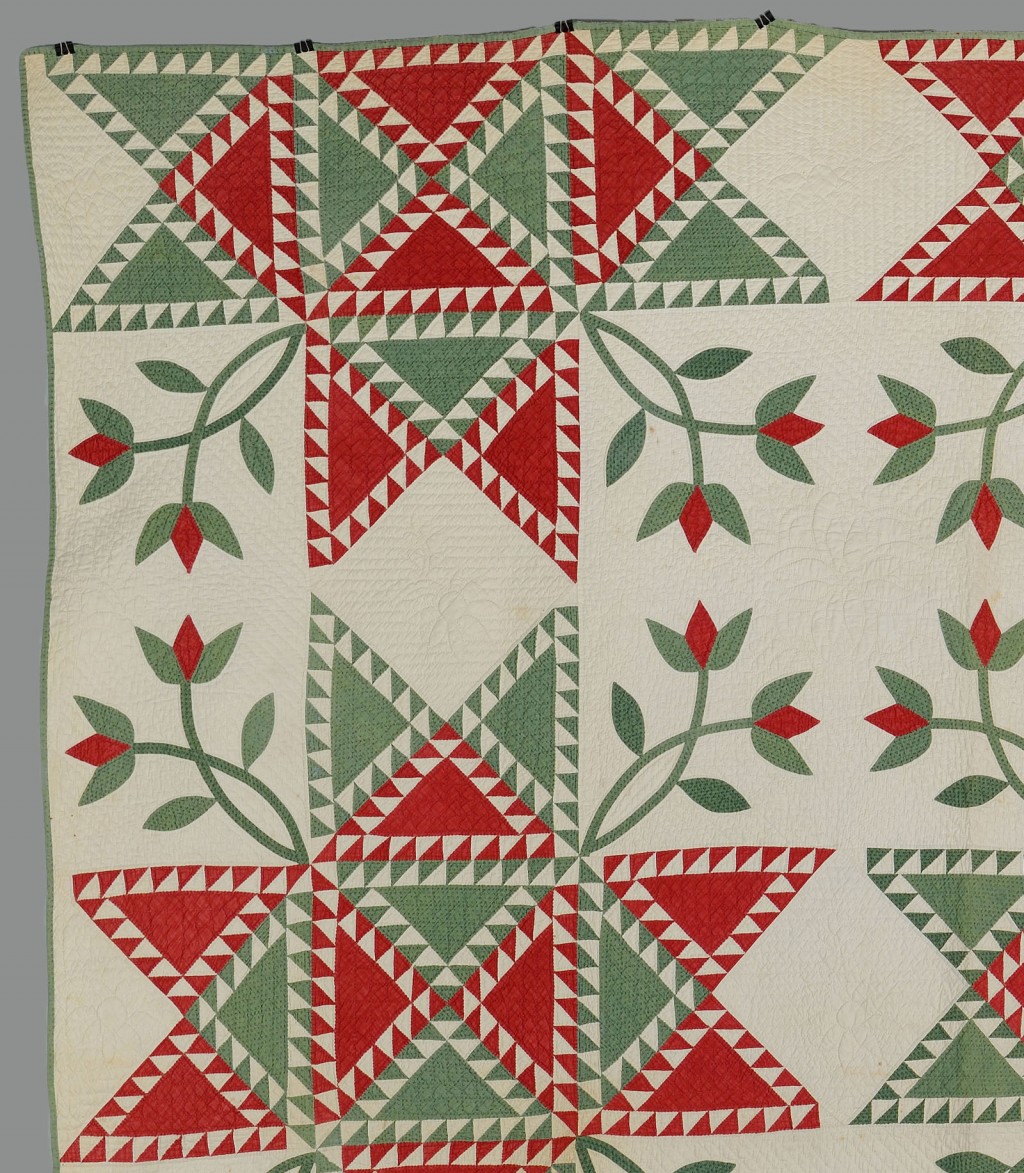 Lot 647: American cotton pieced and appliqued tulip quilt