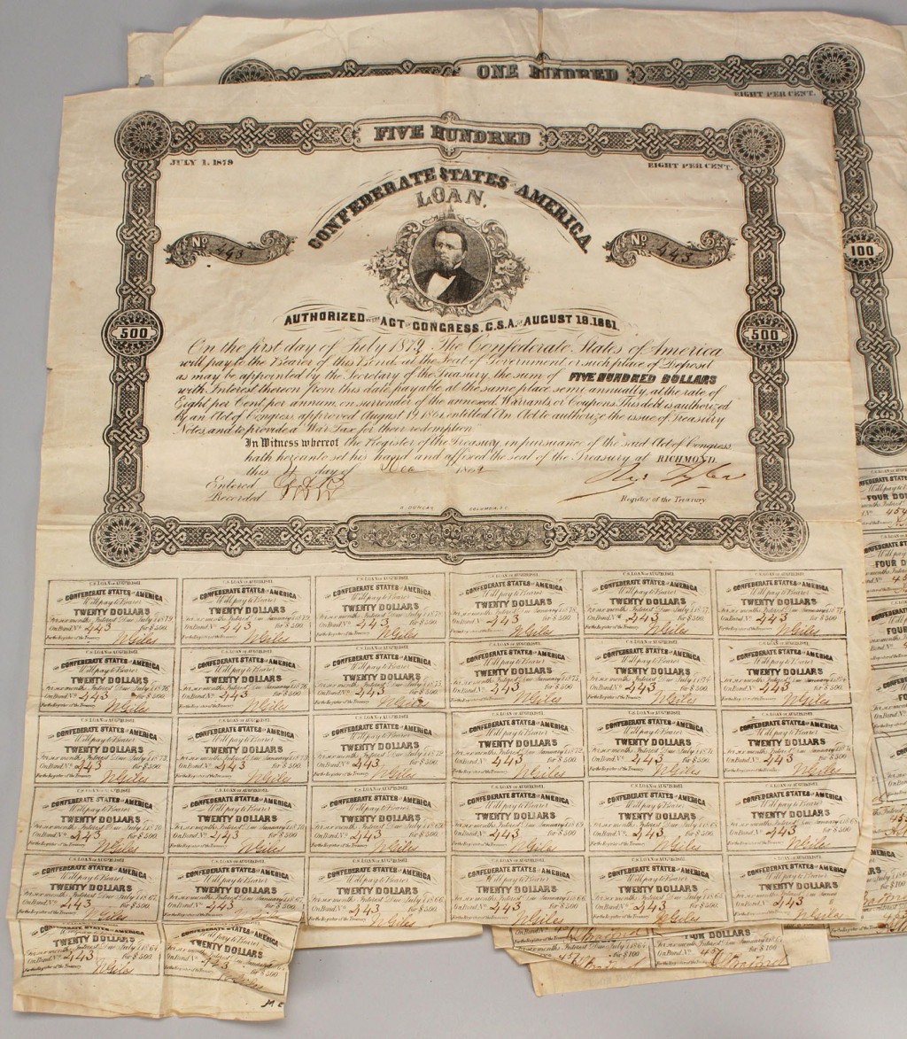 Lot 661: 6 Confederate Bonds $500 and $100