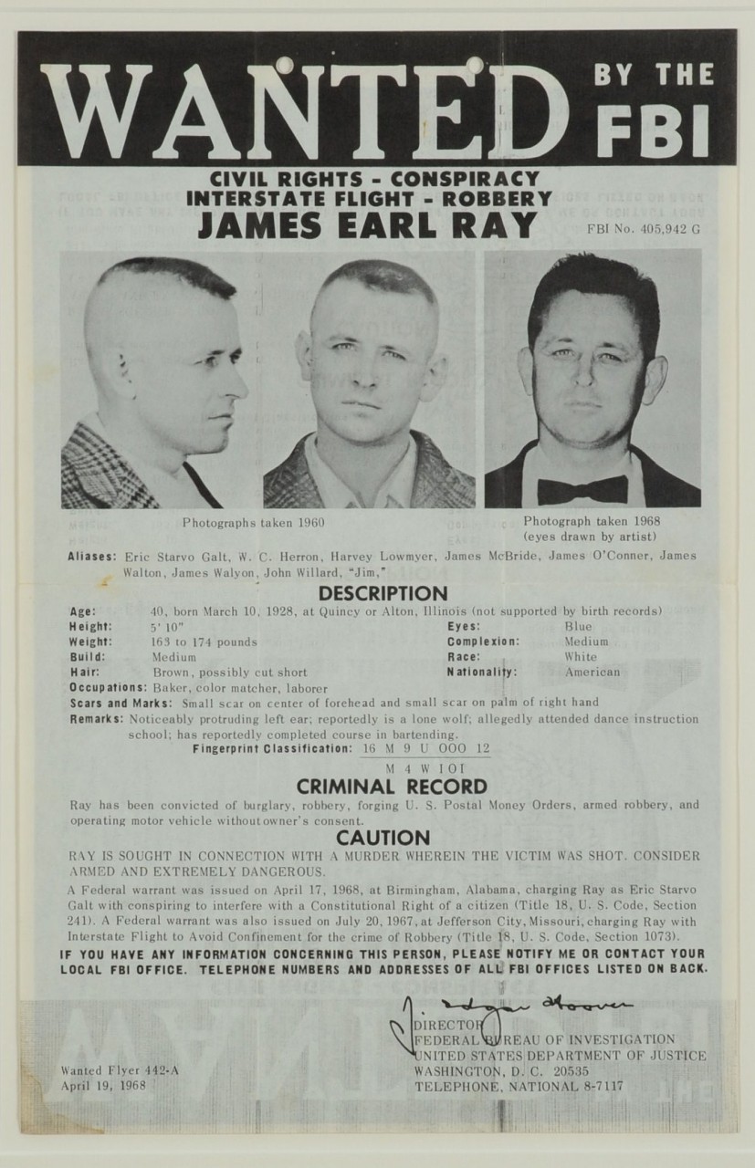 Lot 663: Original James Earl Ray "Wanted" Poster