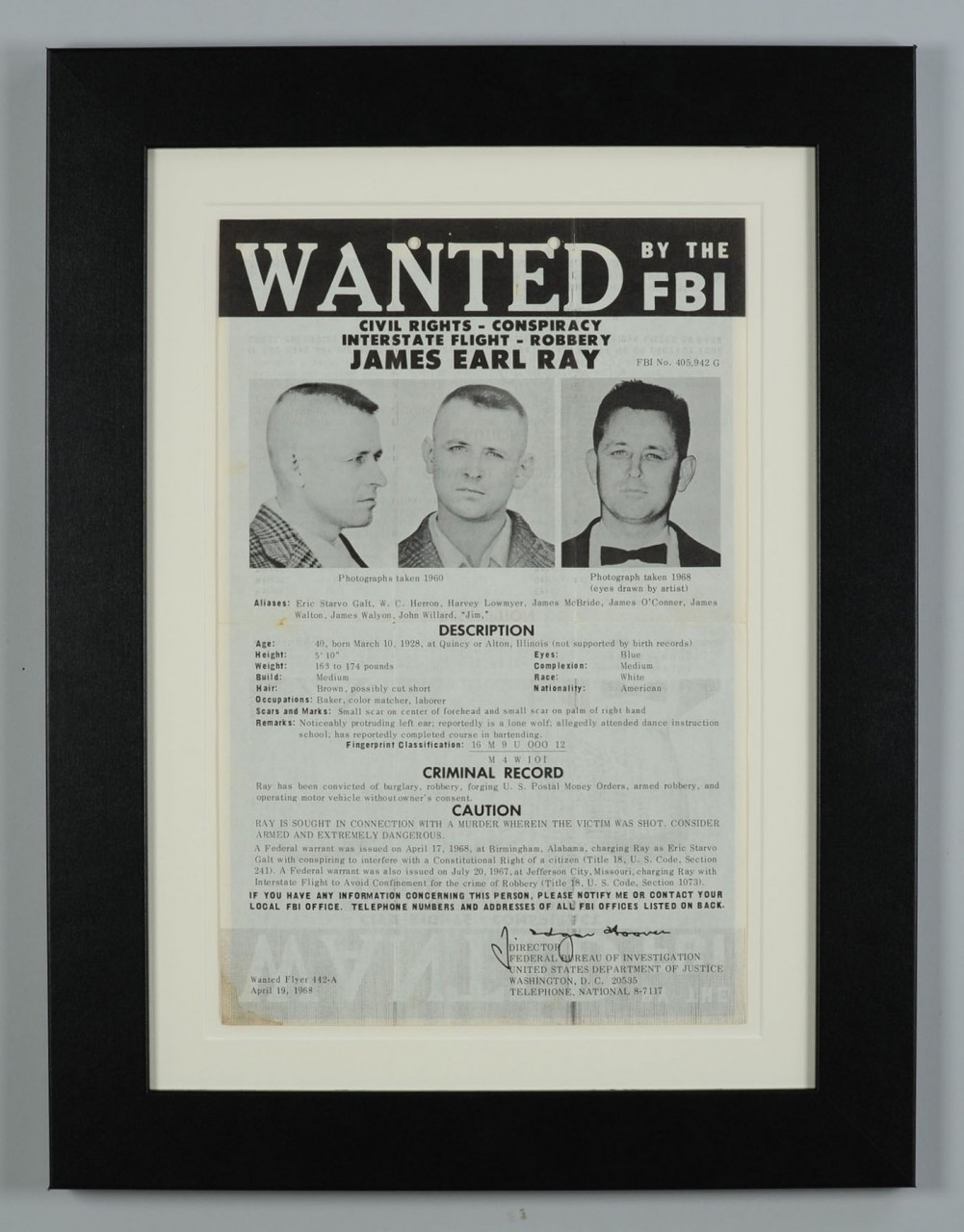 Lot 663: Original James Earl Ray "Wanted" Poster