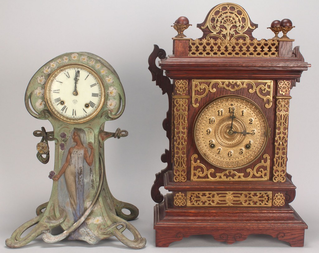 Lot 718: 2 Ansonia clocks: Art Nouveau & Mantle w/ brass