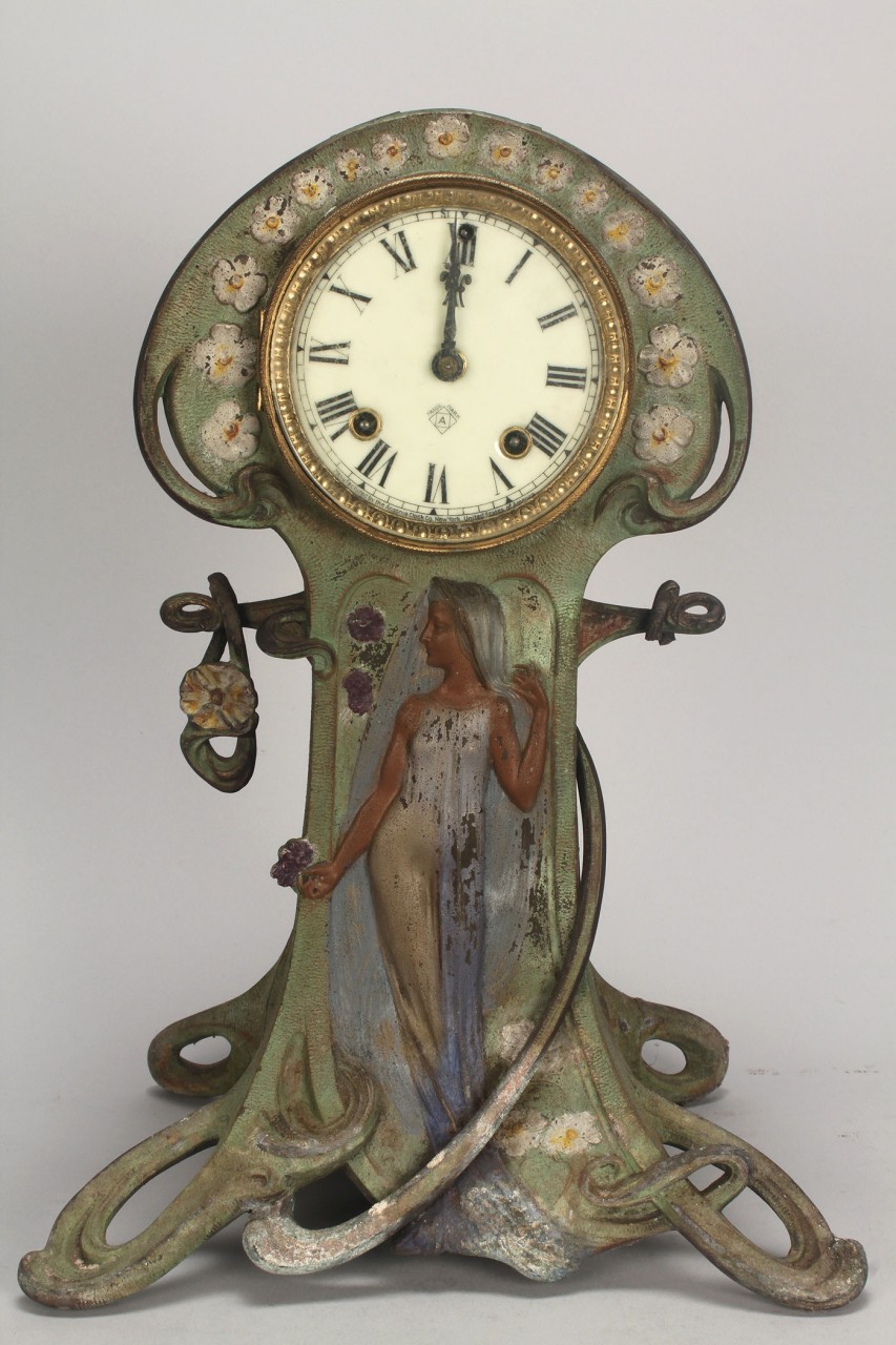 Lot 718: 2 Ansonia clocks: Art Nouveau & Mantle w/ brass