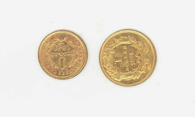 Lot 740: 2 U.S.  One Dollar Gold Coins– 1851, 1874