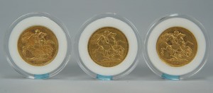 Lot 741: 3 British Sovereign Gold Coins, 1880, 1890, 1895
