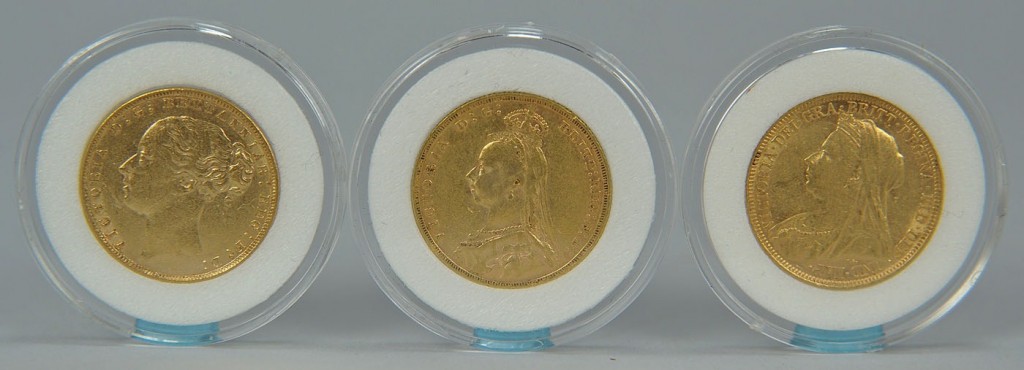 Lot 741: 3 British Sovereign Gold Coins, 1880, 1890, 1895
