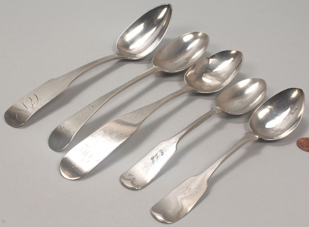 Lot 749: 5 Assorted Coin Silver Spoons, various makers