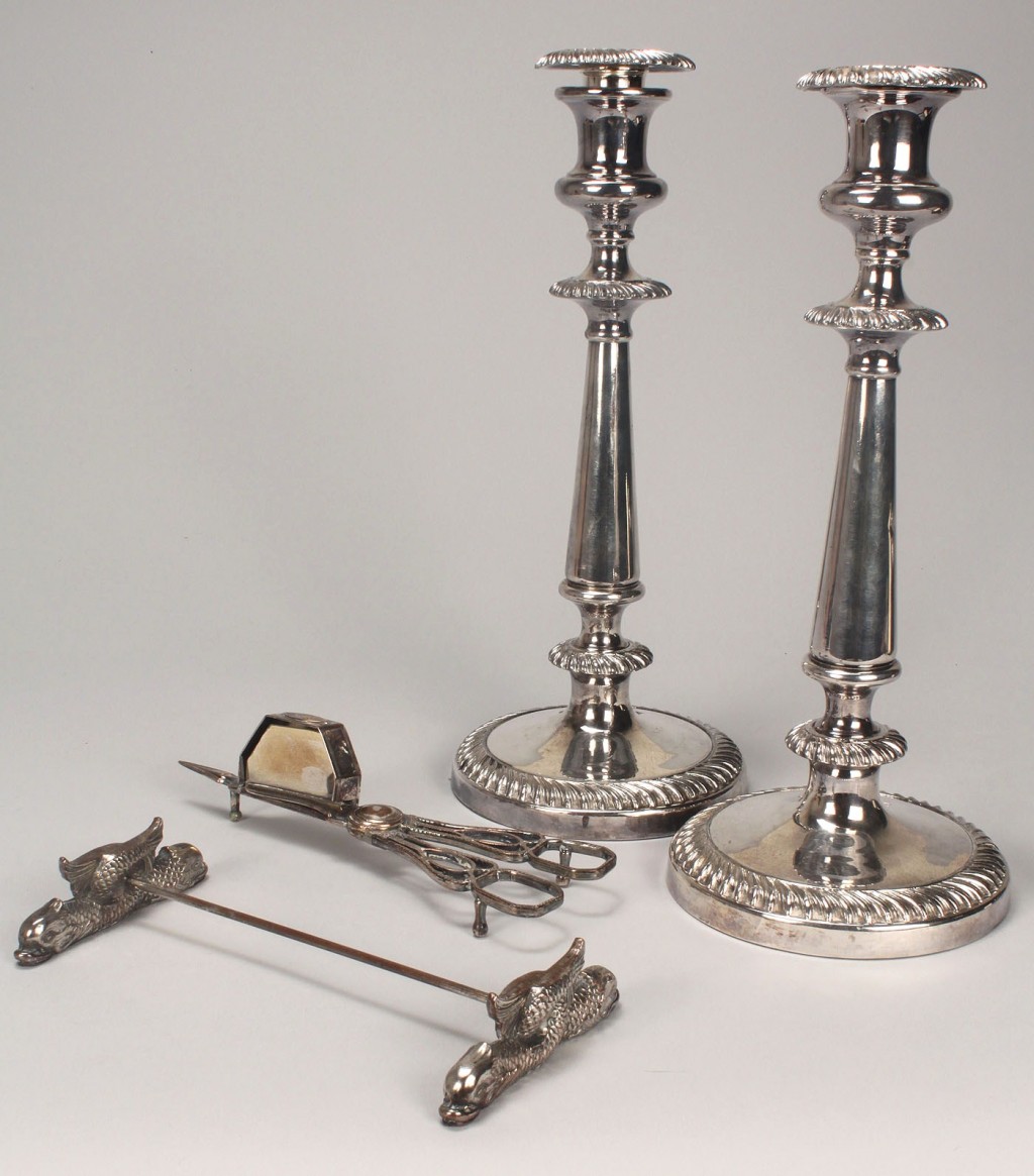 Lot 763: 4 pieces Old Sheffield Plate: candlesticks, knife