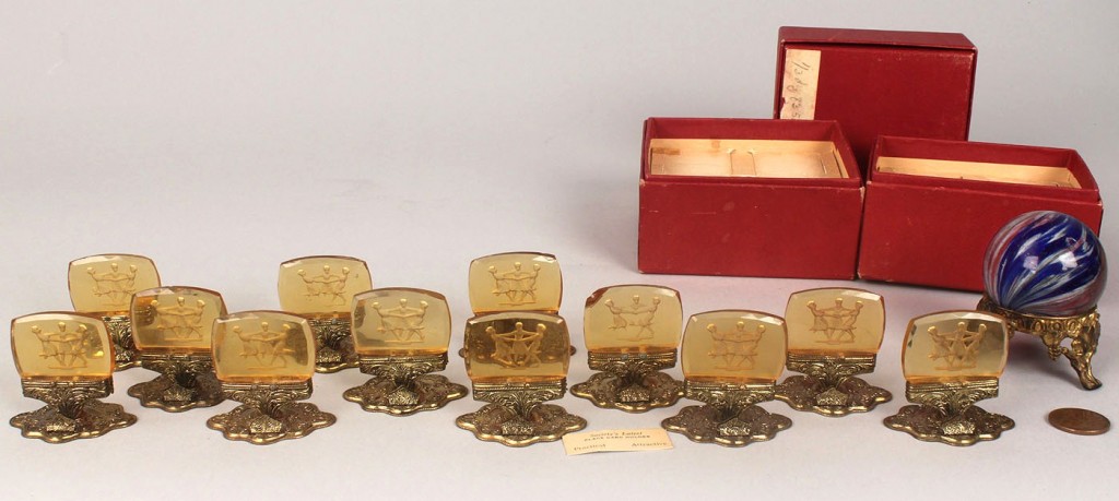 Lot 778: Czech Amber Glass Placecard Holders and Marble
