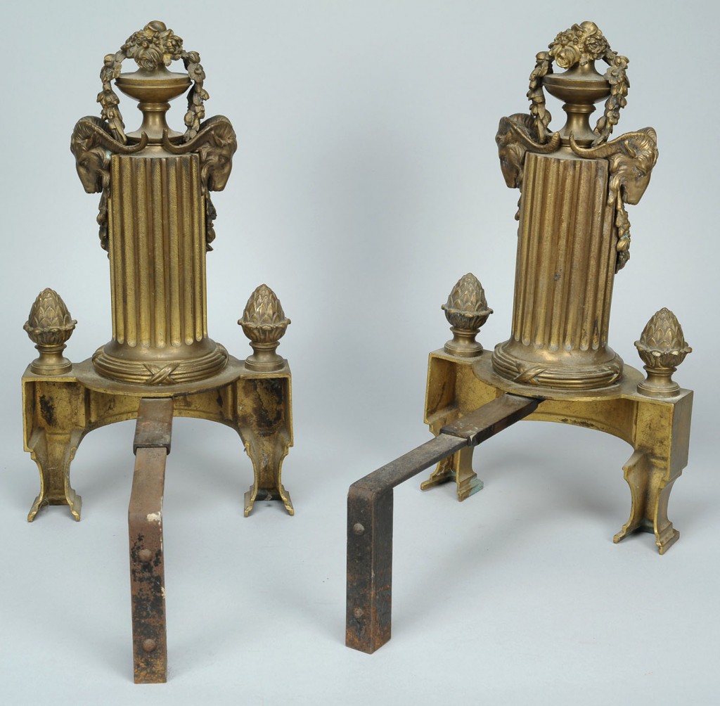 Lot 793: Pair of Gilt Brass Fireplace Chenets