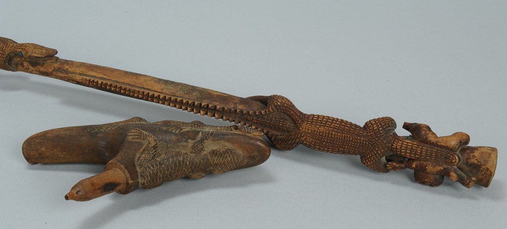 Lot 97: 2 Carved Folk Art Alligator Cane & Cane Handle