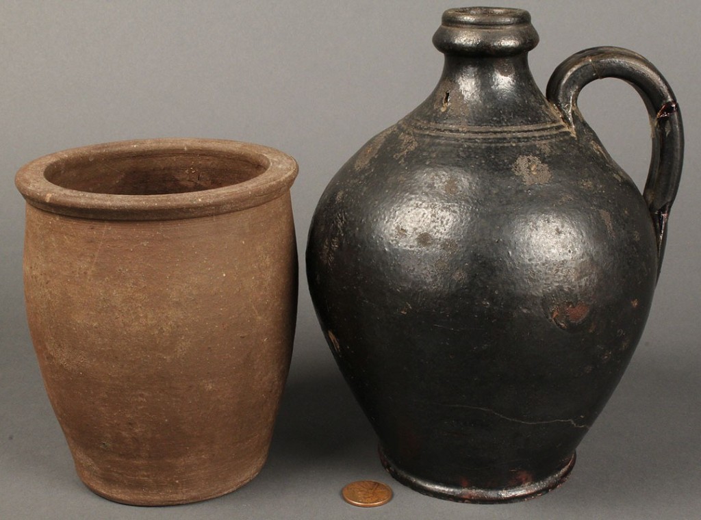 Lot 124: Tennessee redware jug and stoneware creampot