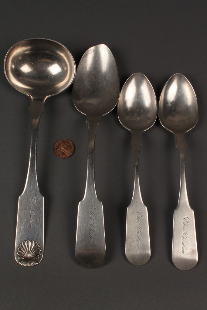 Lot 137: 3 TN Coin silver spoons & Lownes ladle, Foster-Cheatham family