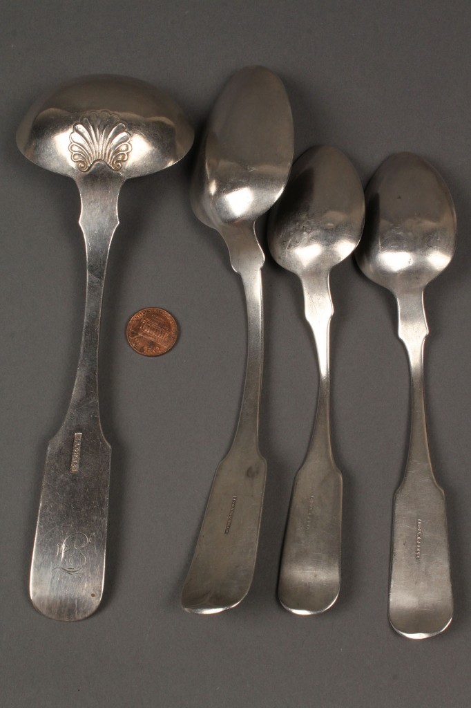 Lot 137: 3 TN Coin silver spoons & Lownes ladle, Foster-Cheatham family