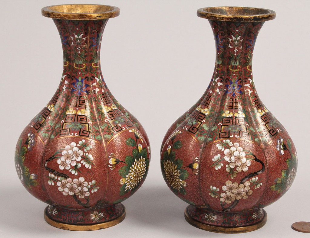 Lot 13: Pair of Japanese Cloisonne Lobed Vases