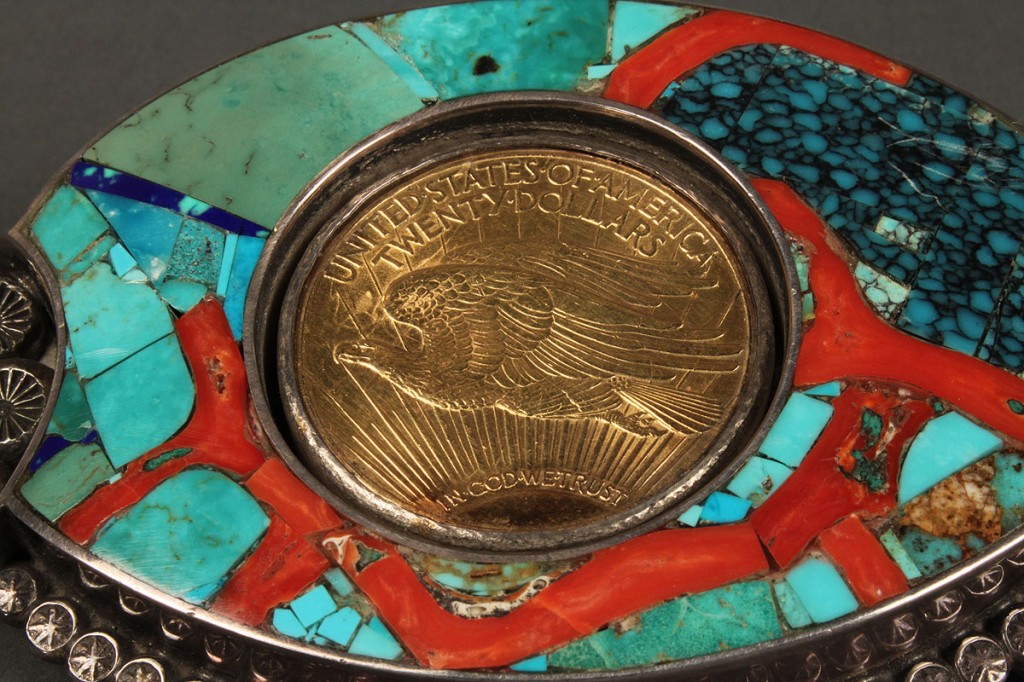 Lot 164: $20 Gold Piece Mounted in Navajo Belt Buckle