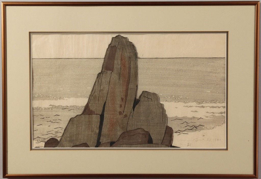 Lot 206:  Bror Julius Olsson Nordfeldt Colored Woodcut, "The Rock, Nahant"