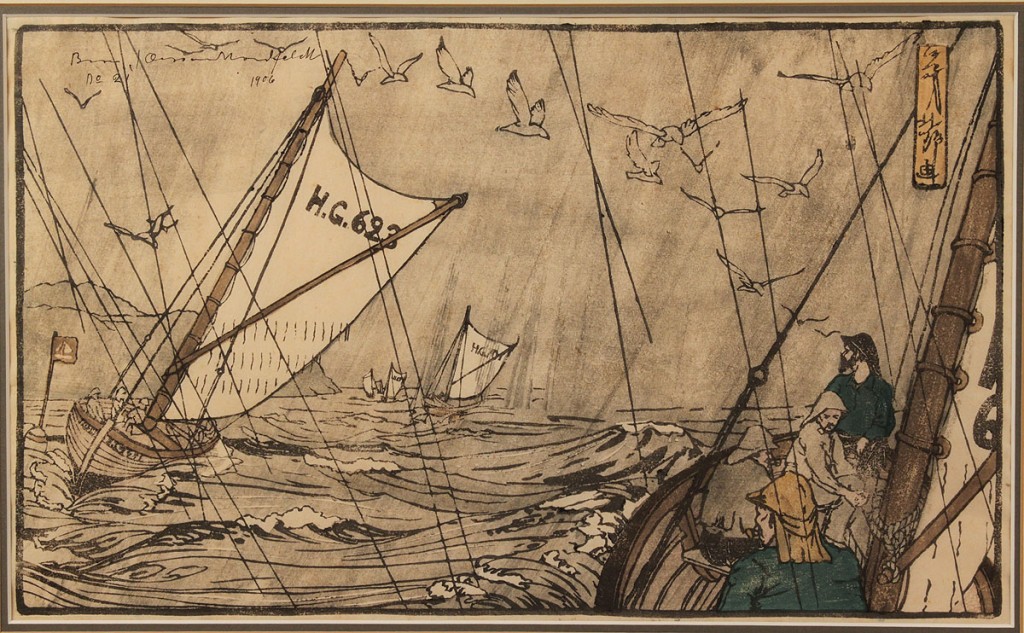 Lot 207:  Bror Julius Olsson Nordfeldt Colored Woodcut, "North Sea Fisherman"