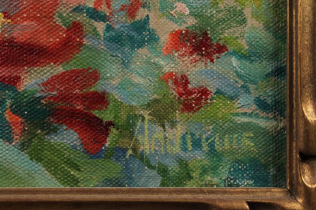 Lot 212: J. Winthrop Andrews oil on canvas, "Hollyhocks"