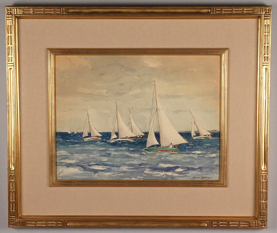 Lot 215: Large Julius Delbos watercolor, Sailing Scene