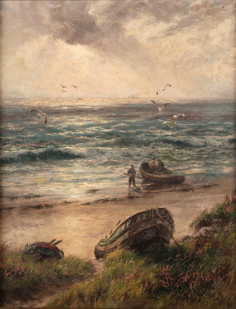 Lot 220: J. R. Miles, Oil on canvas, Seascape with fishermen