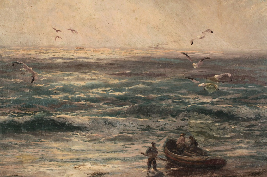 Lot 220: J. R. Miles, Oil on canvas, Seascape with fishermen