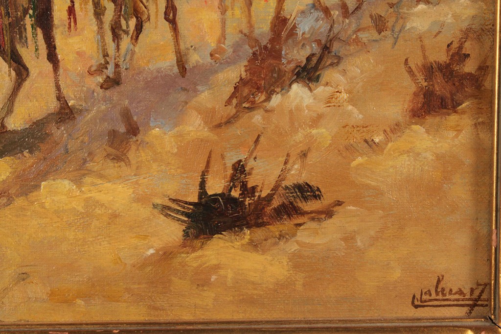 Lot 224: Orientalist painting, desert landscape with caravan