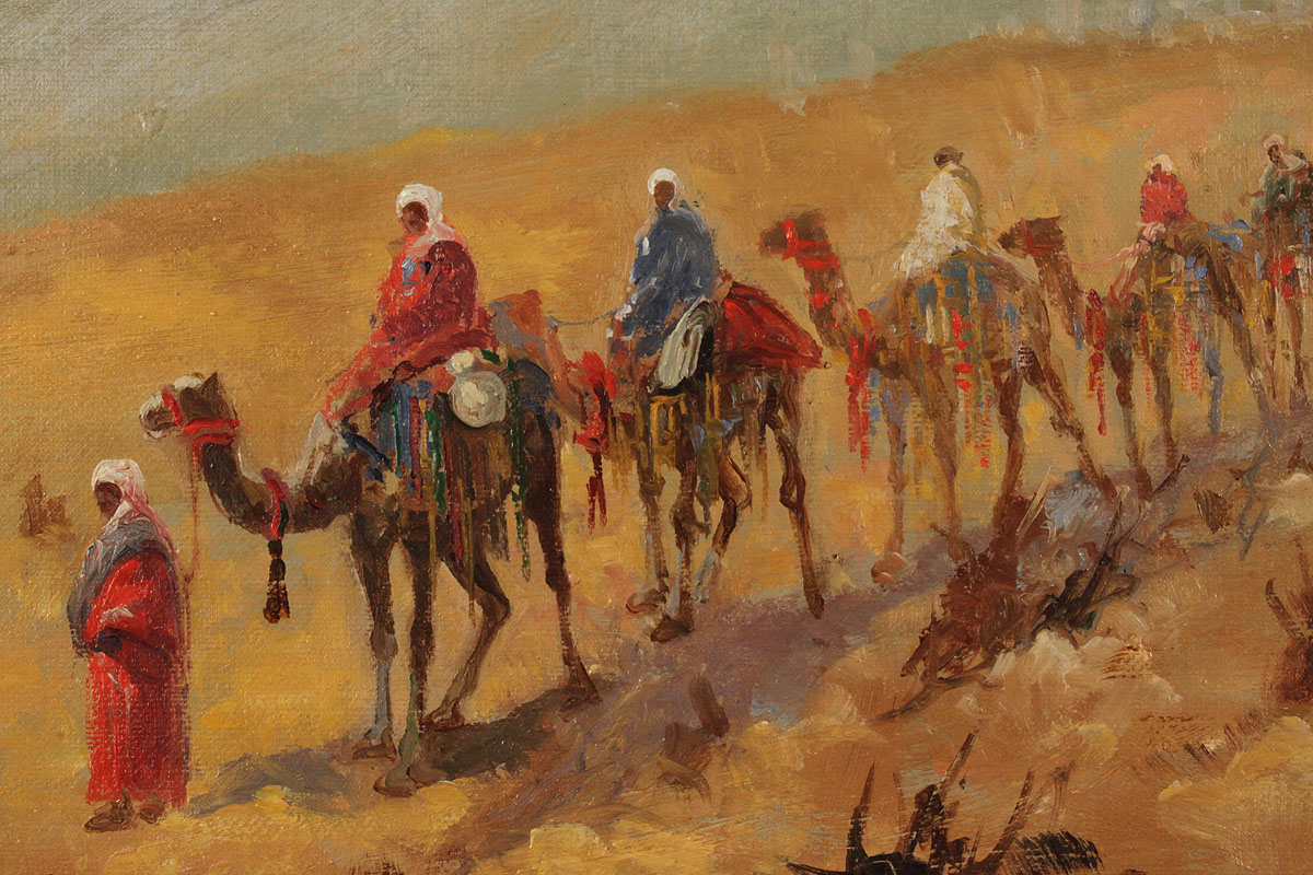 Lot 224: Orientalist painting, desert landscape with caravan