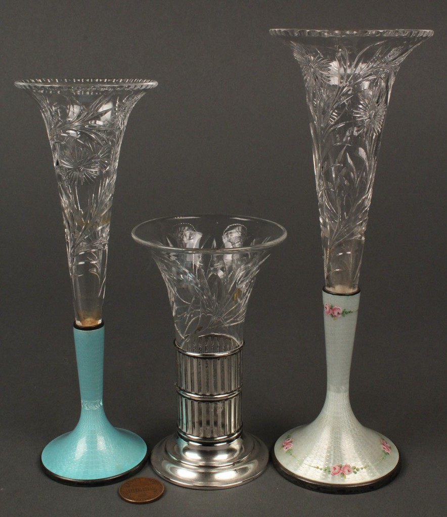 Lot 234: 3 cut glass & silver bud vases, 2 with enamel