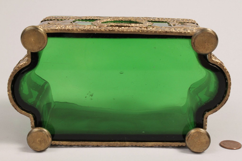 Lot 243: Neo-classical Green Glass Cachepot in Brass Container