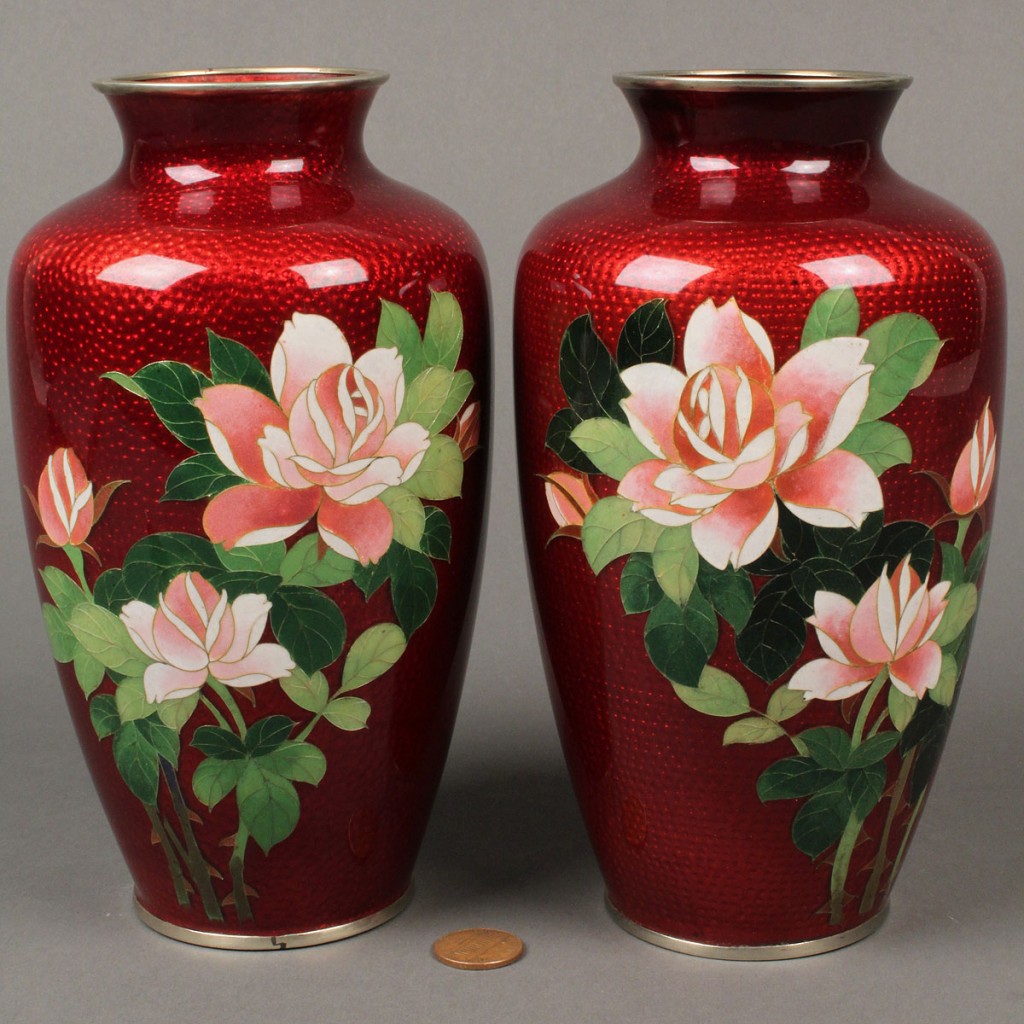 Lot 259: Pair of "pigeon blood" cloisonne vases