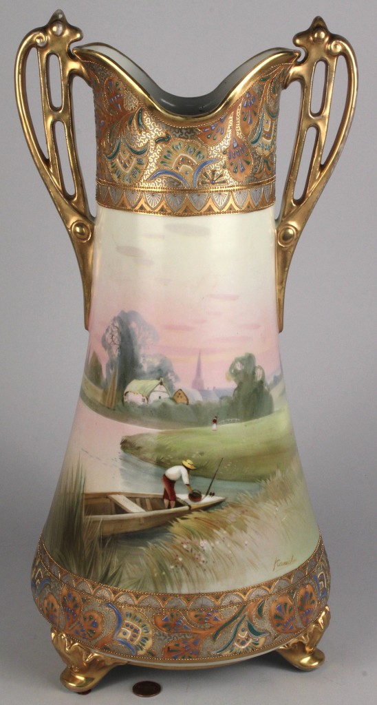 Lot 345: Nippon double-handled vase, hand-painted landscape, signed