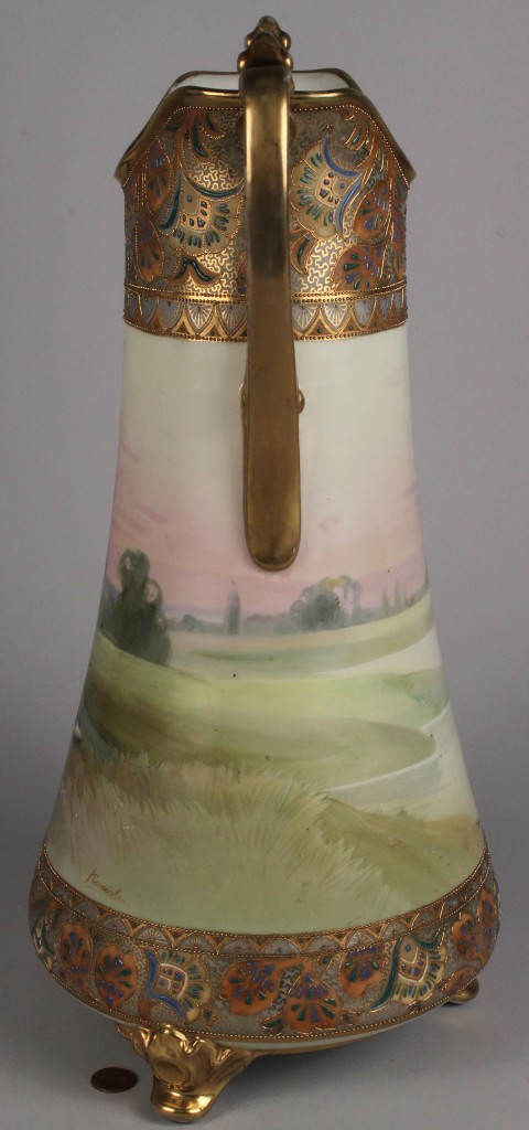 Lot 345: Nippon double-handled vase, hand-painted landscape, signed