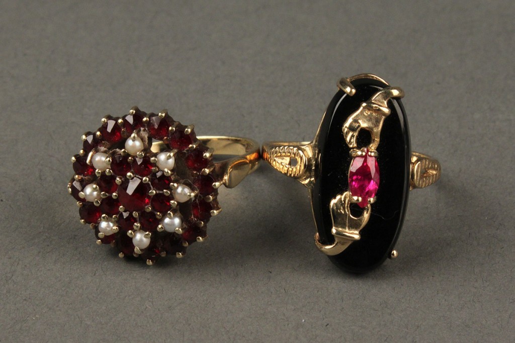 Lot 406: 14K garnet, seed pearl ring & 10K Victorian onyx ring