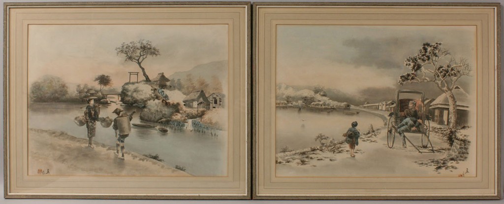 Lot 417: Pair of Japanese framed watercolor landscapes, signed