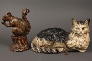 Lot 41: Cast Iron Doorstops of Painted Squirrel and Cat
