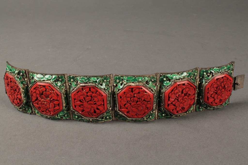 Lot 424: Chinese Art Deco enamel and cinnabar bracelet