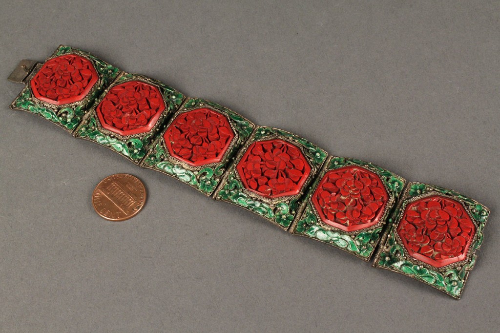 Lot 424: Chinese Art Deco enamel and cinnabar bracelet