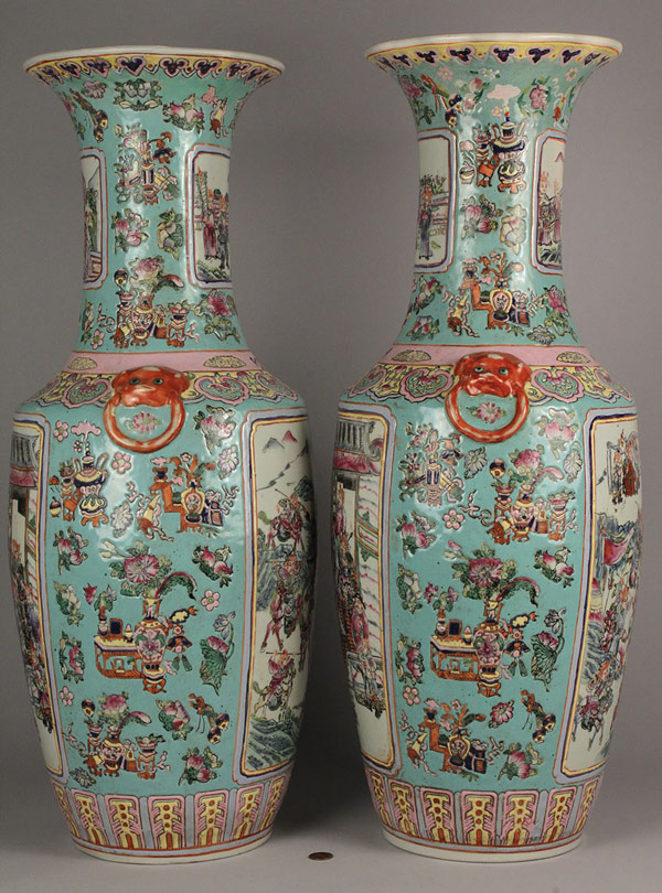 Lot 438: Pair of Chinese Famille Rose Urn vases