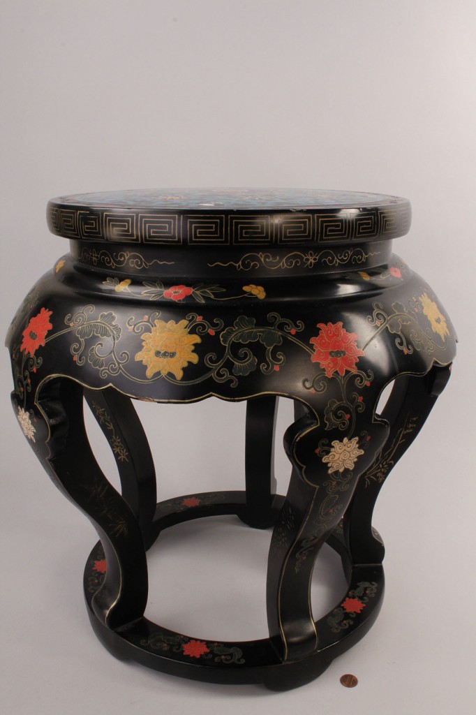 Lot 439: Chinese Cloisonne Inlaid Lacquered Wooden Stool
