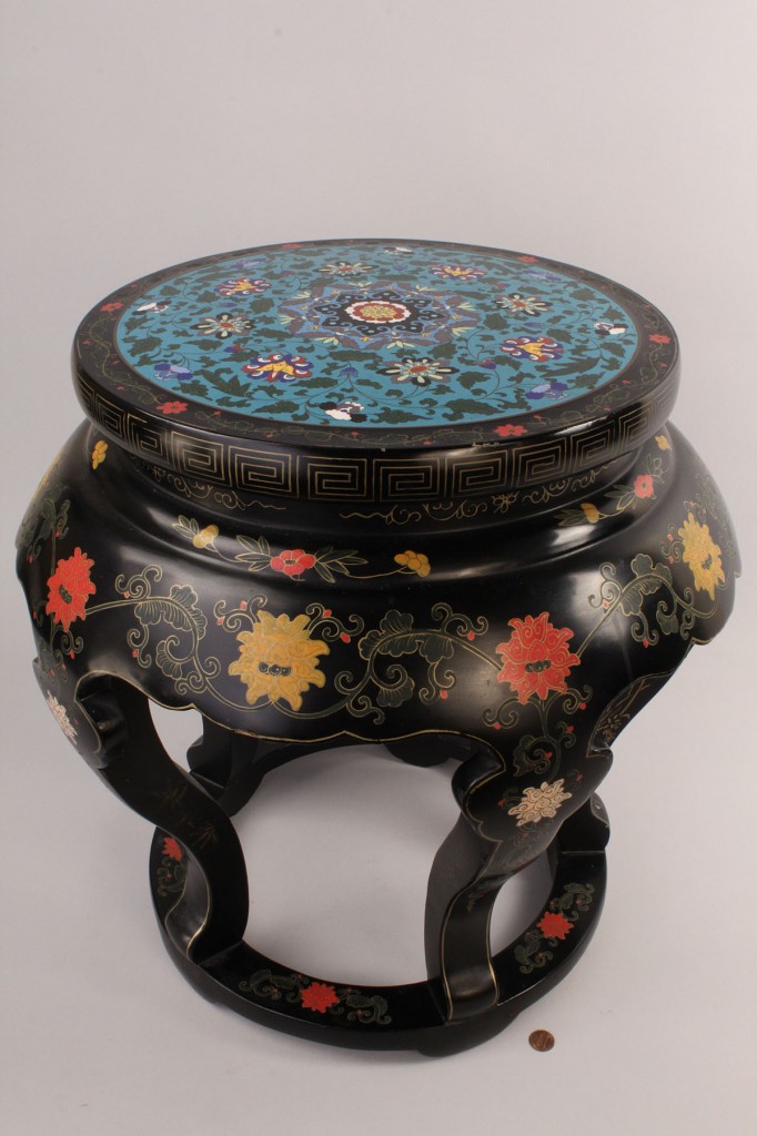 Lot 439: Chinese Cloisonne Inlaid Lacquered Wooden Stool
